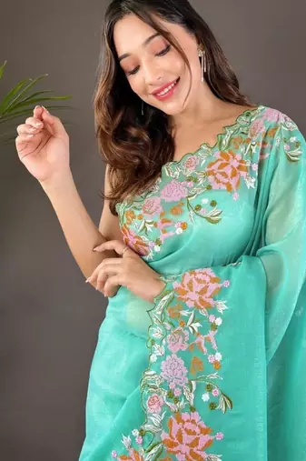 Aqua Color Cross Stich Floral Design Embroidery Work Cut Work Glossy Silk Saree