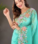 Aqua Color Cross Stich Floral Design Embroidery Work Cut Work Glossy Silk Saree