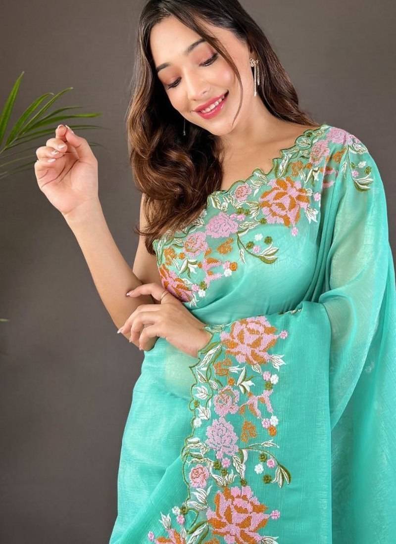 Aqua Color Cross Stich Floral Design Embroidery Work Cut Work Glossy Silk Saree