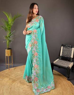Aqua Color Cross Stich Floral Design Embroidery Work Cut Work Glossy Silk Saree 2