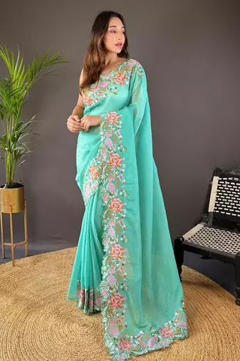 Aqua Color Cross Stich Floral Design Embroidery Work Cut Work Glossy Silk Saree