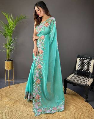 Aqua Color Cross Stich Floral Design Embroidery Work Cut Work Glossy Silk Saree 3