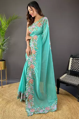 Aqua Color Cross Stich Floral Design Embroidery Work Cut Work Glossy Silk Saree