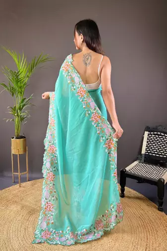 Aqua Color Cross Stich Floral Design Embroidery Work Cut Work Glossy Silk Saree