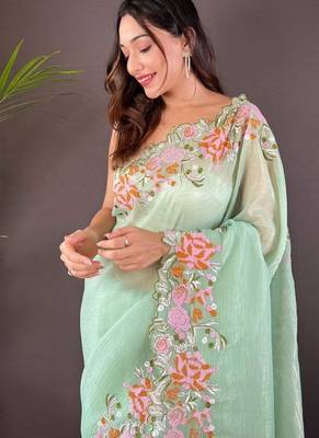 Light Green Color Cross Stich Floral Design Embroidery Work Cut Work Glossy Silk Saree 1