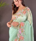 Light Green Color Cross Stich Floral Design Embroidery Work Cut Work Glossy Silk Saree