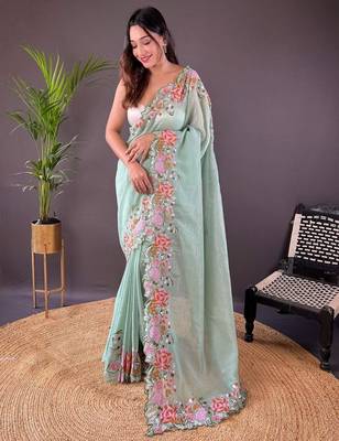 Light Green Color Cross Stich Floral Design Embroidery Work Cut Work Glossy Silk Saree 2