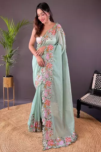 Light Green Color Cross Stich Floral Design Embroidery Work Cut Work Glossy Silk Saree