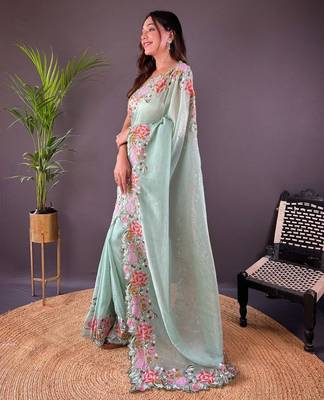 Light Green Color Cross Stich Floral Design Embroidery Work Cut Work Glossy Silk Saree 3