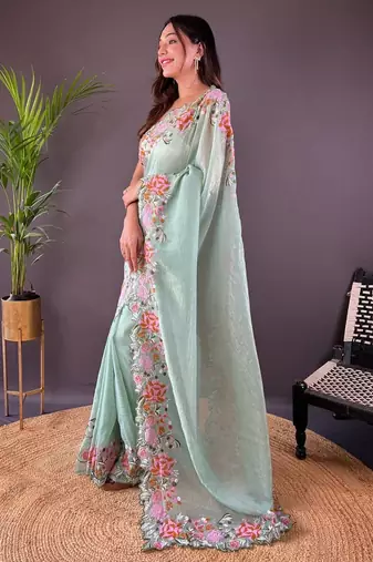 Light Green Color Cross Stich Floral Design Embroidery Work Cut Work Glossy Silk Saree