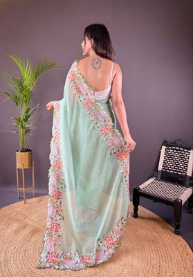 Light Green Color Cross Stich Floral Design Embroidery Work Cut Work Glossy Silk Saree 4