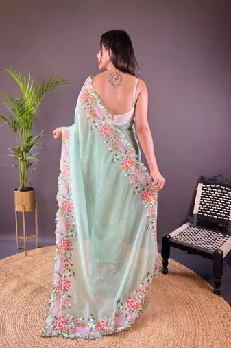 Light Green Color Cross Stich Floral Design Embroidery Work Cut Work Glossy Silk Saree