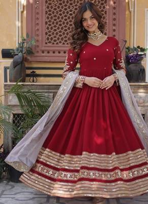 Rusty red faux blooming zari embroidered work gown 3
