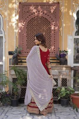 Rusty red faux blooming zari embroidered work gown 5
