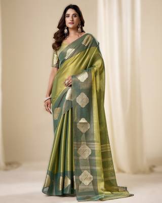 Dark parrot green tissue soft silk blend saree  elegant & lightweight wear 1