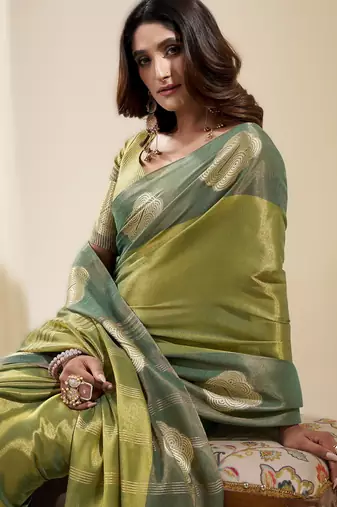 Dark parrot green tissue soft silk blend saree  elegant & lightweight wear