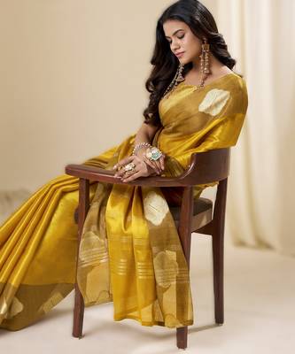 Mustard tissue soft silk blend saree elegant & lightweight wear 2