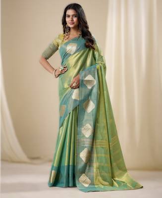 light parrot green tissue soft silk blend saree elegant & lightweight wear 1