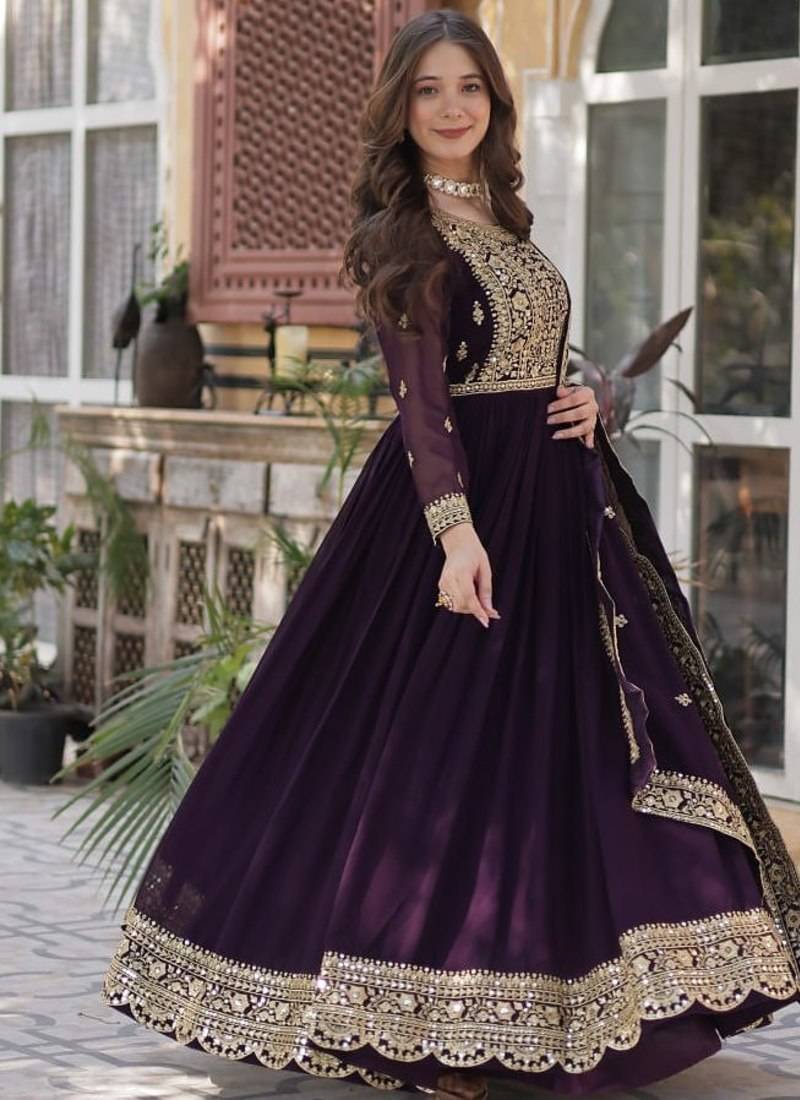 Wine faux blooming embroidered gown