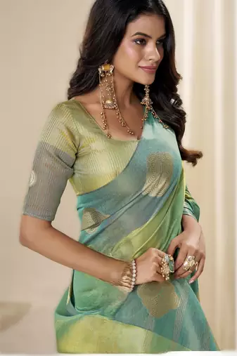 light parrot green tissue soft silk blend saree  elegant & lightweight wear