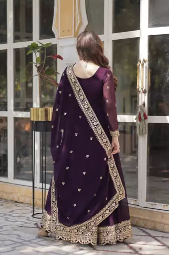 Wine faux blooming embroidered gown