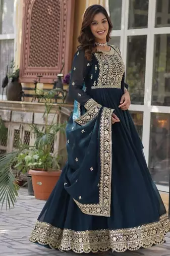 Blue faux blooming embroidered gown