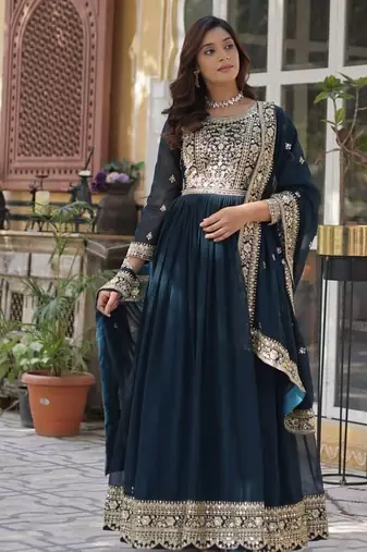 Blue faux blooming embroidered gown