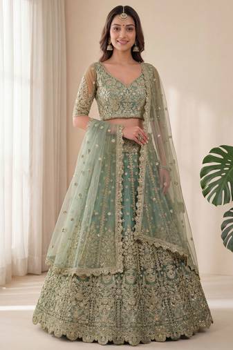 green embroidered soft net lehenga set choli with dupatta