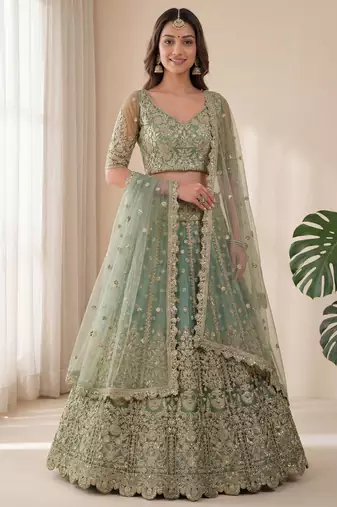green embroidered soft net lehenga set choli with dupatta