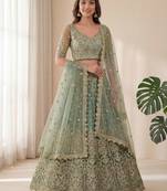 green embroidered soft net lehenga set choli with dupatta