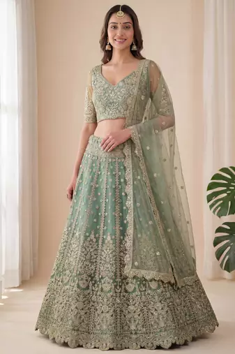 green embroidered soft net lehenga set choli with dupatta