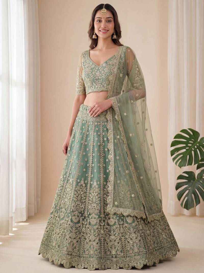 green embroidered soft net lehenga set choli with dupatta