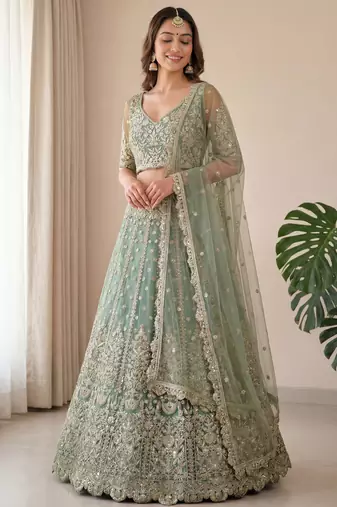 green embroidered soft net lehenga set choli with dupatta