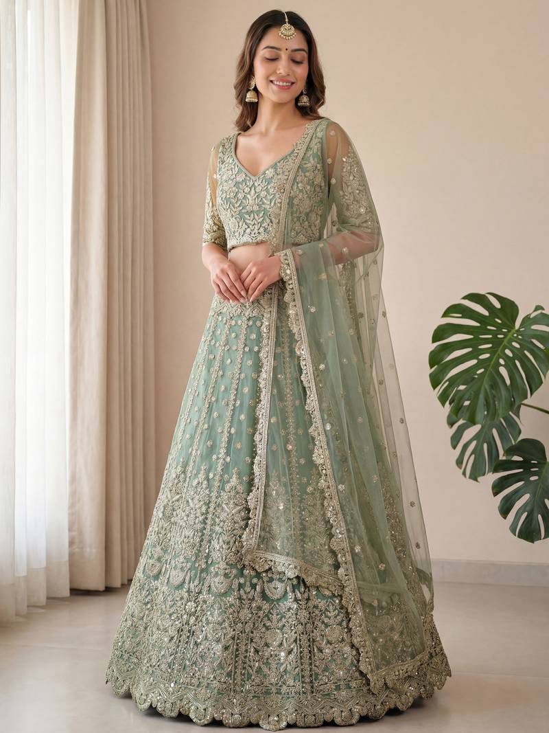green embroidered soft net lehenga set choli with dupatta