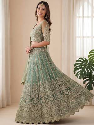 green embroidered soft net lehenga set choli with dupatta 5