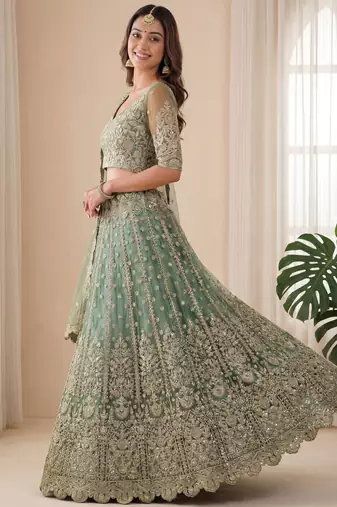 green embroidered soft net lehenga set choli with dupatta