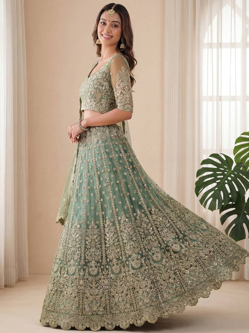 green embroidered soft net lehenga set choli with dupatta