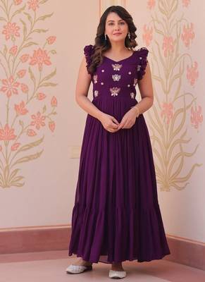Wine faux blooming embroidered work gown 3