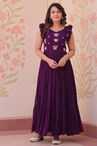 Wine faux blooming embroidered work gown