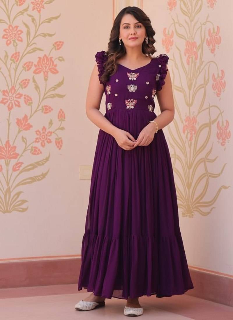 Wine faux blooming embroidered work gown