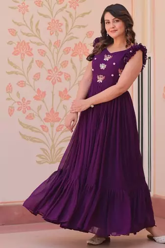 Wine faux blooming embroidered work gown