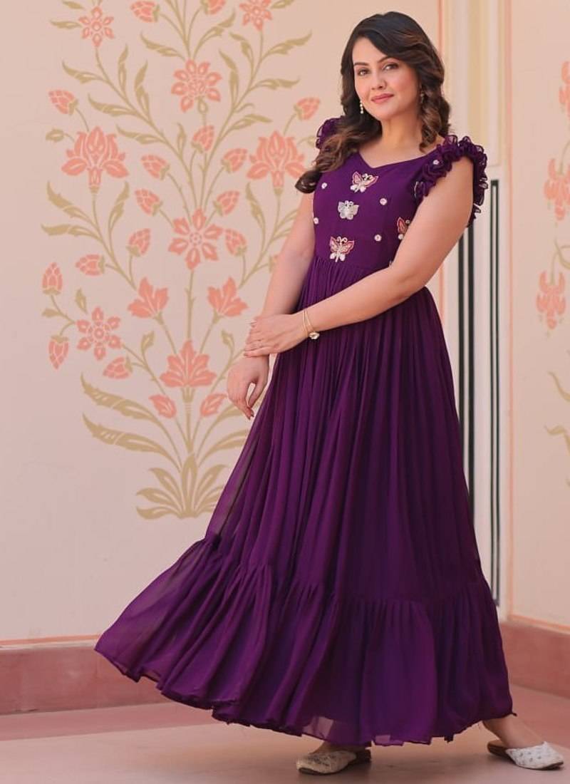 Wine faux blooming embroidered work gown