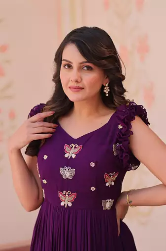 Wine faux blooming embroidered work gown