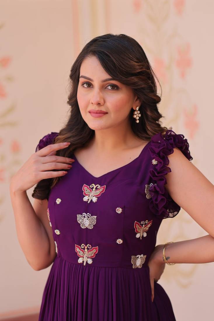 Wine faux blooming embroidered work gown