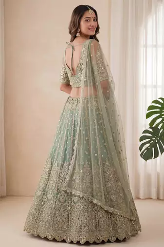 green embroidered soft net lehenga set choli with dupatta