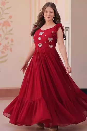 Red faux blooming embroidered work gown