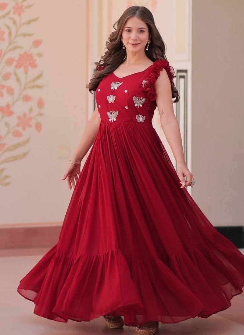 Red faux blooming embroidered work gown