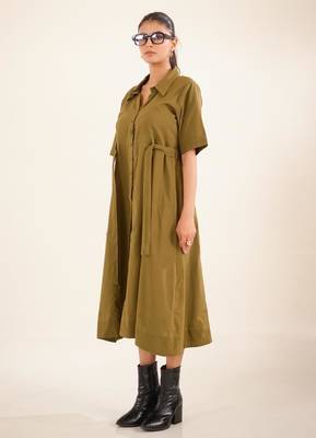 Olive green front open dress 4