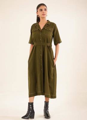 Olive green front open button down dress 1