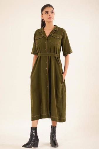 Olive green front open button down dress